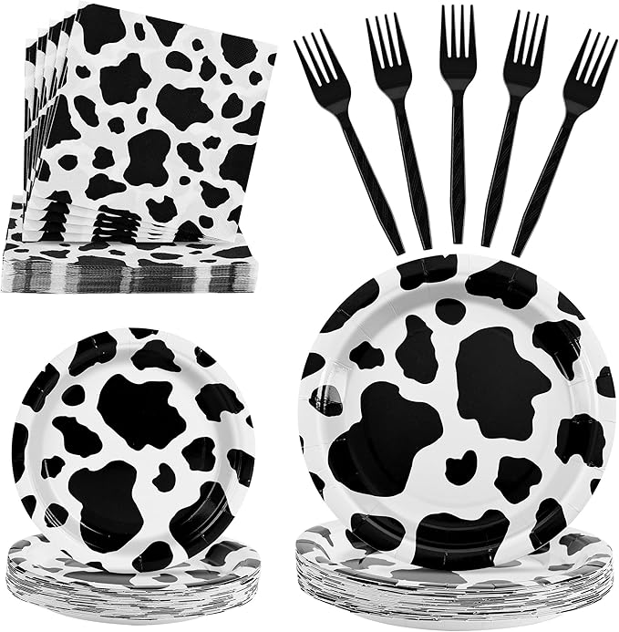 100 Pcs Cow Themed Party Supplies for 25 Guests, Heavy-Duty 7" & 9" Paper Plates, 2-Ply 13" Napkins & Plastic Forks, Disposable Cow Print Tableware Set for Farm Western Theme Party