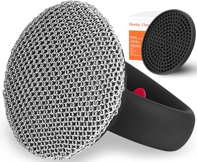 Cast Iron Cleaner Scrubber+Tray with Handle, Welded Chain Mail for Pan Pot Oven Wok Cleaning- Small Ring Metal Scrubber Scourer Scrub to Clean Skillet, Oven, Griddle, Wok Brush