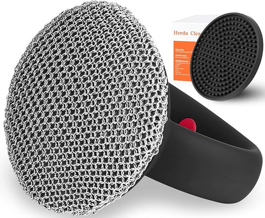 Cast Iron Cleaner Scrubber+Tray with Handle, Welded Chain Mail for Pan Pot Oven Wok Cleaning- Small Ring Metal Scrubber Scourer Scrub to Clean Skillet, Oven, Griddle, Wok Brush