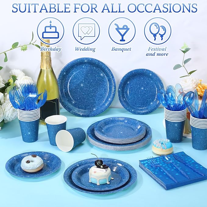 Hushee 175 Pcs Dark Blue Holographic Print Party Supplies Guests Disposable Dinnerware Set Include Paper Plates, Napkins, Cups, Plastic Cutlery for Wedding Birthday Disco Bachelorette