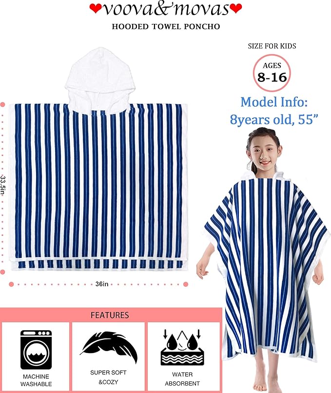 VOOVA & MOVAS Hooded Poncho Towel for Teens Unisex 100% Cotton Durable Timeless Beach Pool Swim Cover Up Navy Blue Bold Stripe