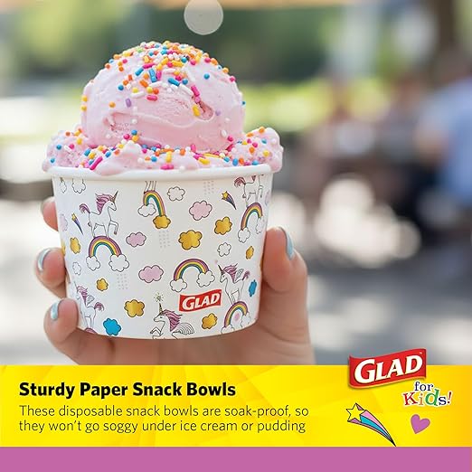 Glad for Kids Unicorn Paper Mini Snack Bowls, Lids Not Included - Heavy Duty Disposable Snack Cups with Unicorn Print, No Lids Included, 6 Ounce, 20 Count