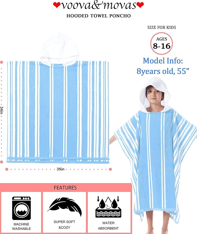 VOOVA & MOVAS Big Kids Poncho Towel with Hood - Teens Hooded Pool Towel Robe (8-16Years), Large and Absorbent Cotton - Versatile for Beach, Pool, Swim, and Bath,Light Blue Stripe