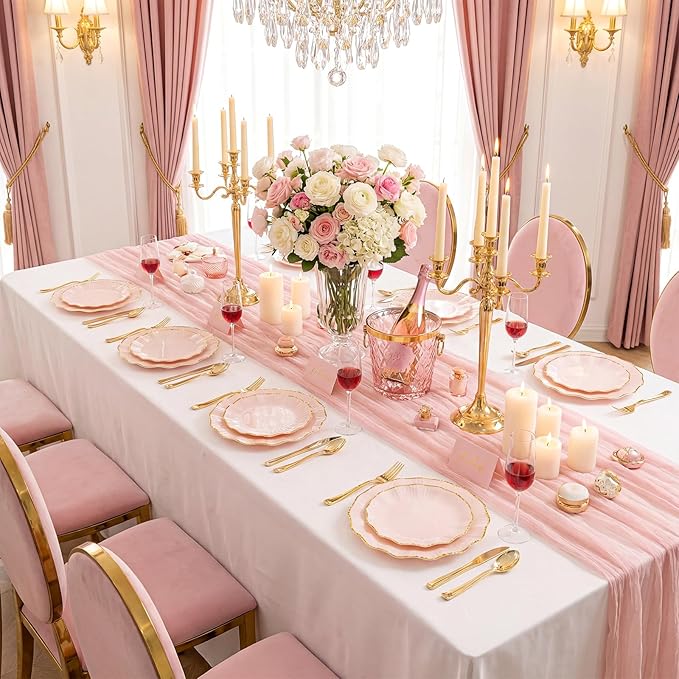 U-QE 150PCS Pink Plastic Plates for Party, Heavy Duty Pink Disposable Plates, Gold Dinnerware Set Include 30 Dinner Plates,30 Dessert Plates,30 Gold Plastic Silverware Set for Mothers Day, Party