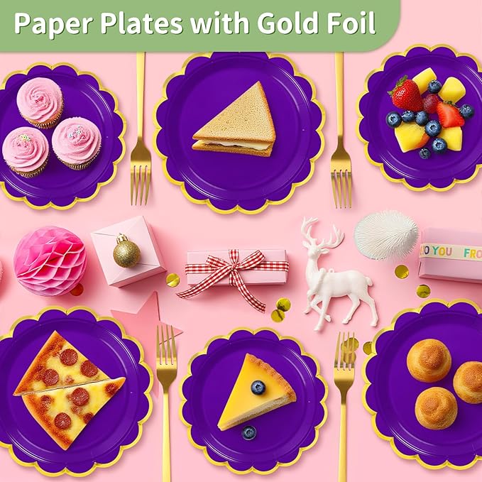 50 Pcs Purple Paper Plates, 25 Pcs 9" and 25 Pcs 7" Disposable Dark Purple Scalloped Plates with Gold Foil for Graduation Wedding Baby Shower Birthday Party Picnic BBQ