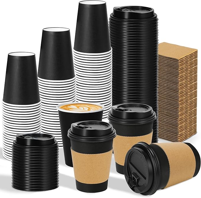 Clawsoff 500 Pack 12 oz Disposable Paper Coffee Cups with Lids and Sleeves, Leak-free Disposable Insulated Paper Cups for To Go Hot or Cold Beverages(Black)