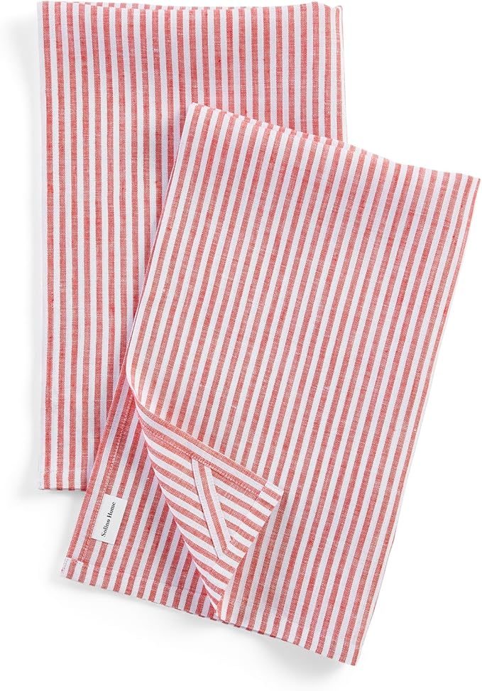 Solino Home Red and White Linen Kitchen Towels Set of 2-100% Pure Linen 17 x 26 Inch Narrow Stripe Tea Towels with Hanging Loop - European Flax Kitchen Dish Cloth - Quick Dry & Machine Washable