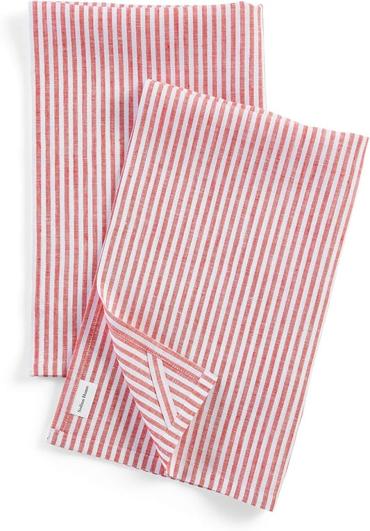Solino Home Red and White Linen Kitchen Towels Set of 2-100% Pure Linen 17 x 26 Inch Narrow Stripe Tea Towels with Hanging Loop - European Flax Kitchen Dish Cloth - Quick Dry & Machine Washable