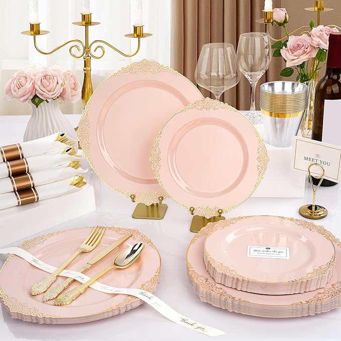 Realluck 350 PCS Pink and Gold Plastic Plates, Plastic Dinnerware Set for 50 Guests, 100 Disposable Plates, 150 Silverwares, 50 Cups, 50 Napkins for Party, Wedding, Graduation