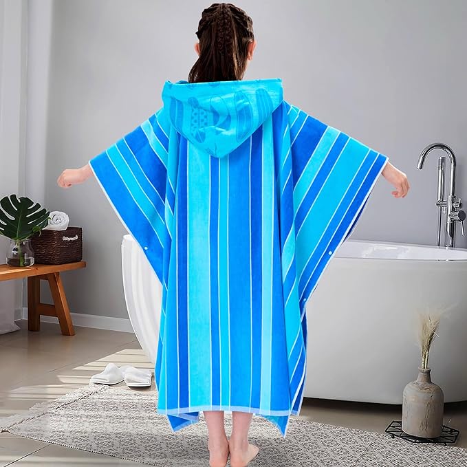 VOOVA & MOVAS Teens Poncho Towel with Hood (8-16Years), 100% Cotton Thick Poncho Towel Robe for Teens, Perfect for Pool, Beach, Bath and Gifts,Blue Stripe