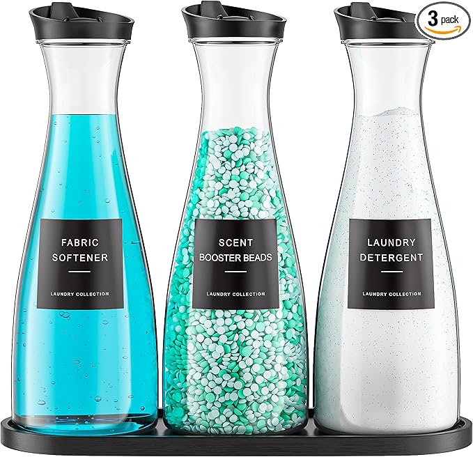 Galasily 3 Pack Laundry Detergent Dispenser Container with Tray, 54OZ Liquid Laundry Soap Dispenser with 12 Labels, Black Laundry Room Organization for Powder, and Fabric Softener