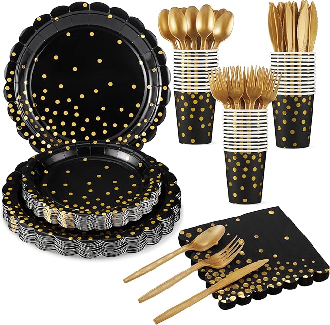 175 Pcs Black and Gold Plates and Napkins, Disposable Black Gold Dinnerware Include Scalloped Party Plates Napkin Cups Plastic Cutlery for Men Birthday Graduation Retirement Congratulations