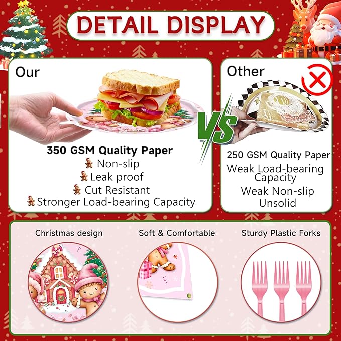 96 Pieces Gingerbread House Plates and Napkins Tableware Set, Pink Christmas Disposable Dinnerware with Paper Plates Napkins and Forks for Xmas Party Supplies Winter Holiday Birthday Decor - Serves 24