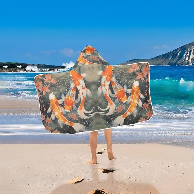 Hooded Towel for Kids Lovely Koi Fish in The Water Beach Wrap Bath Towels 50x23.5in