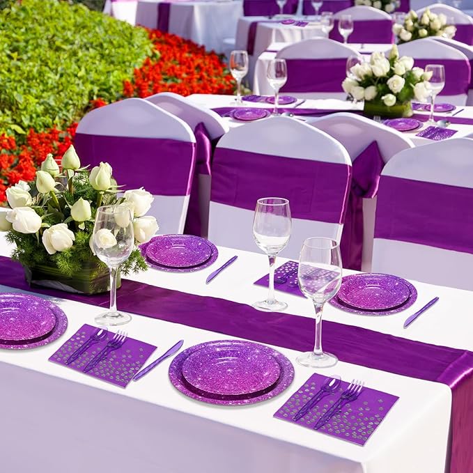 Hushee 350 Pcs Purple Holographic Print Party Supplies Guests Disposable Dinnerware Set Include Paper Plates, Napkins, Cups, Plastic Cutlery for Wedding Birthday Disco Bachelorette