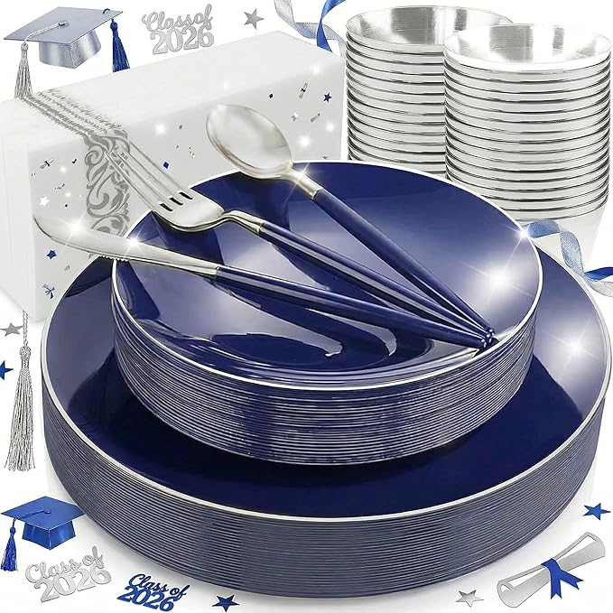 KIRE 175Pcs Blue Plastic Plates with Silver Rim & Disposable Silverware with Blue Handle & Silver-rim Cups & Hand Napkin & Plastic Dinnerware for Parties/Wedding/Graduation/Memorial Day/Father's Day