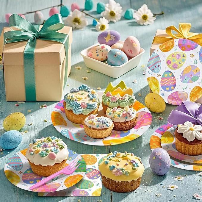 96 Pieces Easter Paper Plates and Napkins Tableware Set, Colorful Eggs Disposable Dinnerware with Plates, Napkins, Forks for Easter Spring Party Supplies-Serves 24