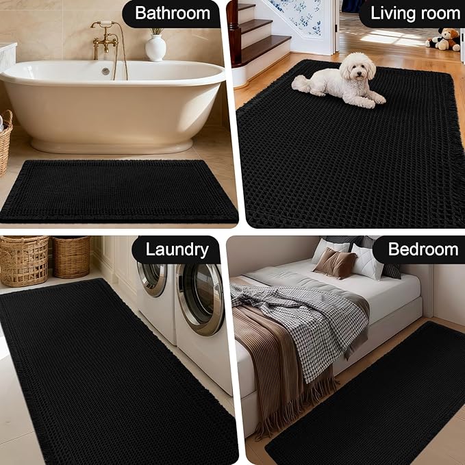 Upgraded Waffle Bath Mat, 32"x20" Black-Bordered, Super Absorbent Non-Slip Quick Dry Bathroom Rugs with Tassels, Machine Washable Ultra Soft Boho Bath Rugs for Floor, Toilet Mats Boho Farmhouse Decor