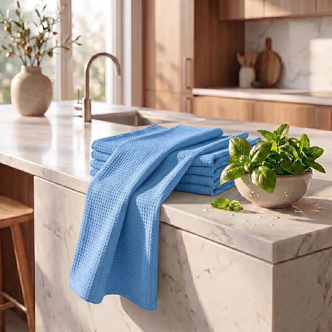 Urban Villa Kitchen Towels Waffle Dish Towels for Kitchen Sky Blue Color Set of 6 Over Sized 18x28 Inches Kitchen Towels Highly Absorbent 100% Cotton Kitchen Hand Tea Towels Dish Cloths