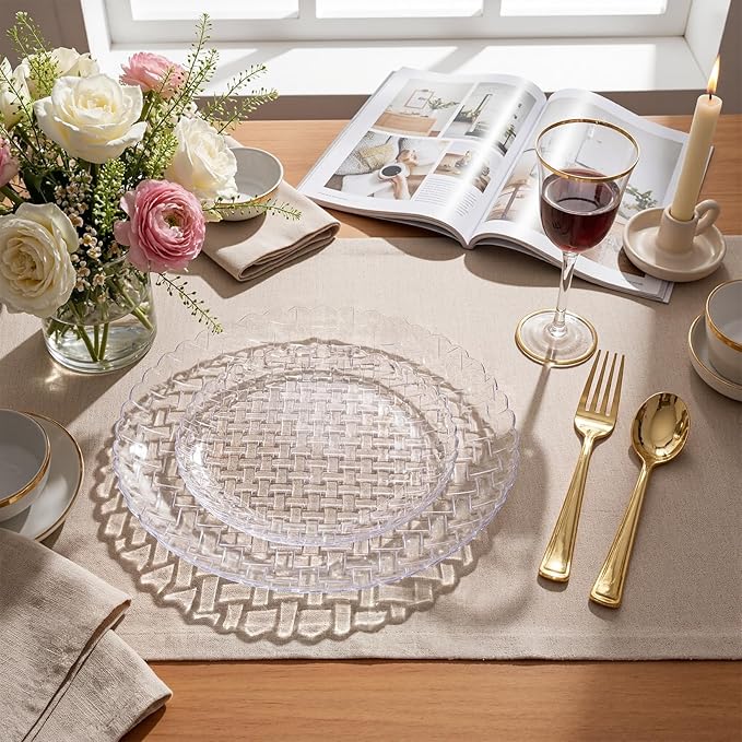 Festiva 60PCS Clear Plastic Plates - Heavy Duty Weave Pattern Fancy Disposable Plates -serve for 30 guests Include 30PCS 10" & 30PCS 7" Plates for Party&Wedding (Clear)