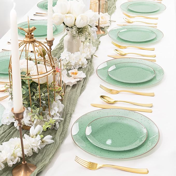 Liacere 32PCS Green Plastic Plates - Green Stone Plastic Disposable Tableware Plates Modern Dinnerware Set - Wedding & Warm Winter & Party & St. Patrick's Day & Easter Day