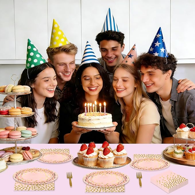 Pink and Gold Paper Plates and Napkins Tablecloth Party Supplies,Serves 25 Guests Pink Gold Plates and Napkins Tablecloth,Disposable Tableware Set for Birthday Wedding Bridal Shower Decorations