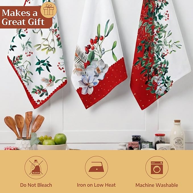 Maison d' Hermine Kitchen Towels Set of 3 100% Cotton 70 CM x 50 CM Reusable Cloth Tea Dish Towels Absorbent with Hanging Loop for Kitchen Dining Christmas Decorations (Noel)