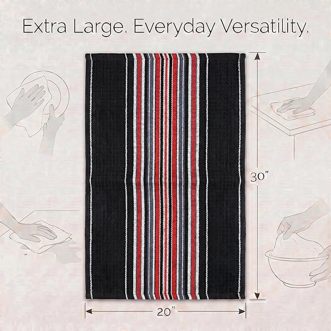 Urban Villa Kitchen Towels Waffle Stripes Dish Towels for Kitchen Black Color Set of 6 Kitchen Towels Highly Absorbent Cotton Over Sized 20X30 in with Mitered Corners Kitchen Hand Tea Towels