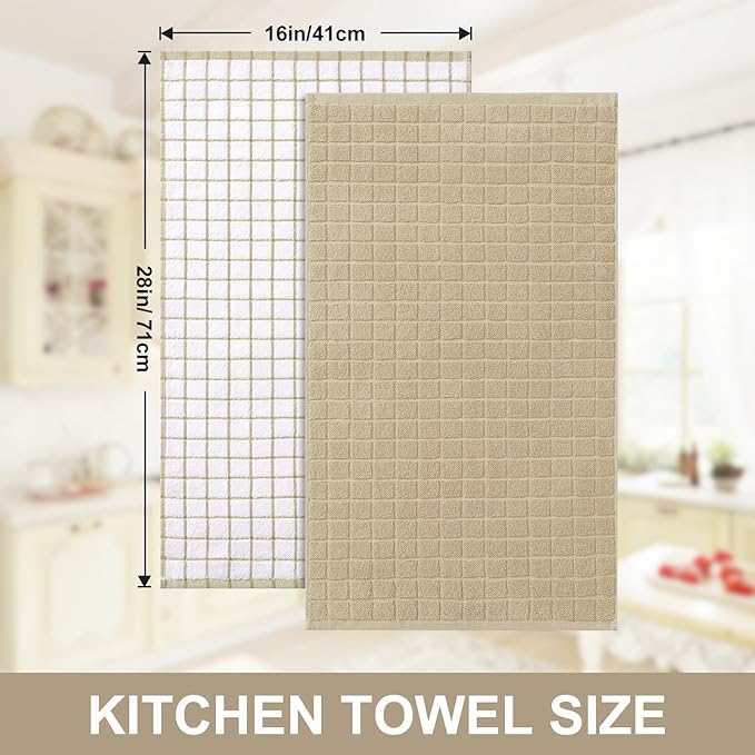 Homaxy Premium Cotton Kitchen Towels 16"x 28", Large Natural Ring Spun 390 GSM Dish Towels, Super Absorbent Terry Kitchen Hand Towels, Soft Tea Towels with Hanging Loop, Tan Check Design, 4 Pack