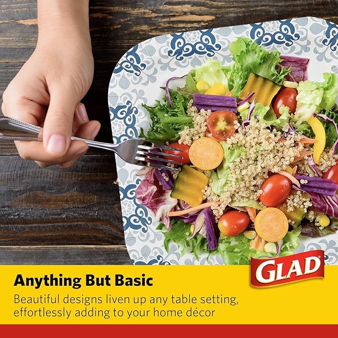 Glad Square Heavy Duty Paper Plates, Soak Proof and Cut Proof Disposable Plates for Parties and Everyday Meals, Microwaveable for Easy Serving, Blue Victorian Pattern, 10 Inch, 50 Count - 12 Pack