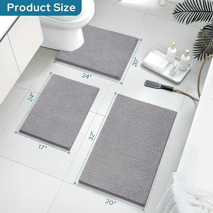 BYSURE Grey Bathroom Rugs Sets 3 Piece Non Slip Extra Absorbent Plush Chenille Soft Washable Bath Mats