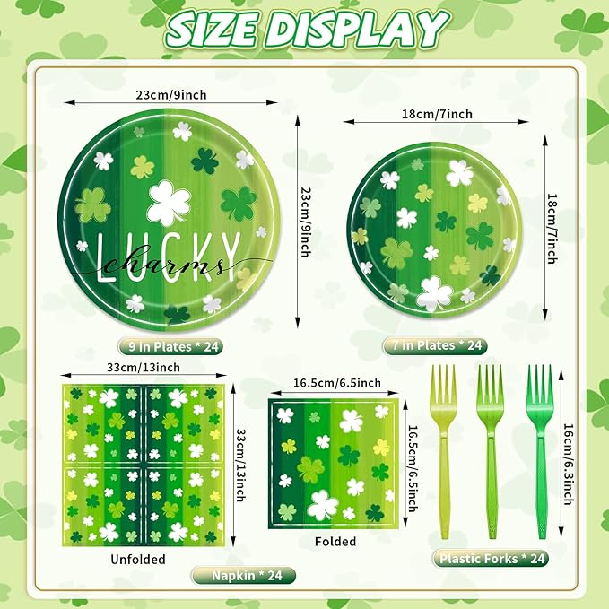 96 Pieces St. Patrick's Day Lucky Plates and Napkins Party Supplies, Vintage Green Shamrock Disposable Tableware with Paper Plates, Napkins, and Forks for Irish Festival Party Decorations - Serves 24