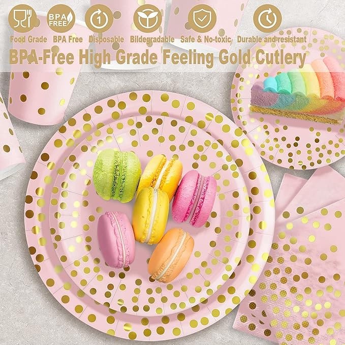 AIRE 175PCS Pink Rose Gold Plates Party Supplies Severs 25 Guests Disposable Party Decorations, Plastic Forks Knives Spoons, Golden Dot Paper Plates Napkins Cups for Mothers Day Birthday Wedding