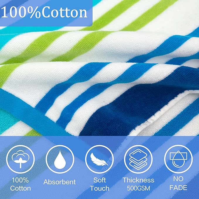 VOOVA & MOVAS Hooded Poncho Towel for Teens Unisex 100% Cotton Vacation Ready Bold Beach Pool Swim Cover Up Blue Green Stripe