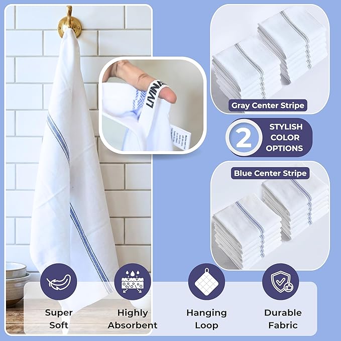 Bulk Kitchen Towels Cotton for Chefs in Commercial Restaurants - 15"X25" - 12 Pack - White Linen Tea Dish Towels - Lint Free Soft Absorbent Center Blue Striped Herringbone Weave Towles