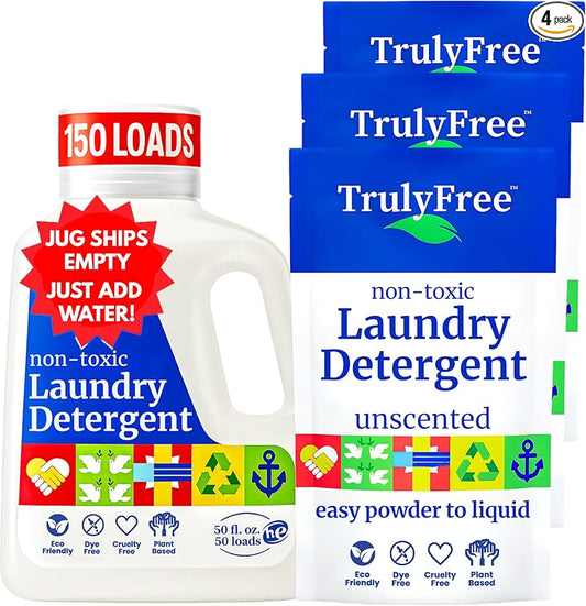 Truly Free Natural Laundry Detergent for Sensitive Skin | Eco Friendly, Plant Based, Baby Clothes Safe | Clean & Easy Powder to Liquid, 3 Detergent Packs + 1 Empty Reusable Jug | Unscented, 150 Loads