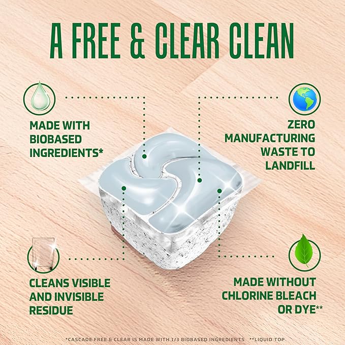 Cascade Free & Clear Dishwasher Pods, Dishwasher Detergent, Dish Detergent Soap, Unscented, 62ct