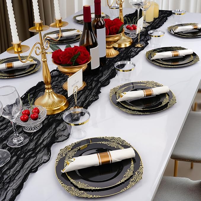 Realluck 350 PCS Black and Gold Plastic Plates, Plastic Dinnerware Set for 50 Guests, 100 Disposable Plates, 150 Silverwares, 50 Cups, 50 Napkins for Party, Wedding, Graduation