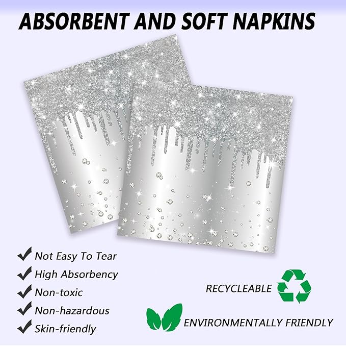 72 Pcs Silver Glitter Paper Plates 7in Disposable Paper Dessert Plates Napkins and Forks Party Tableware Set Happy Birthday Table Decorations for 24 Guests Silver Birthday Wedding Theme Party