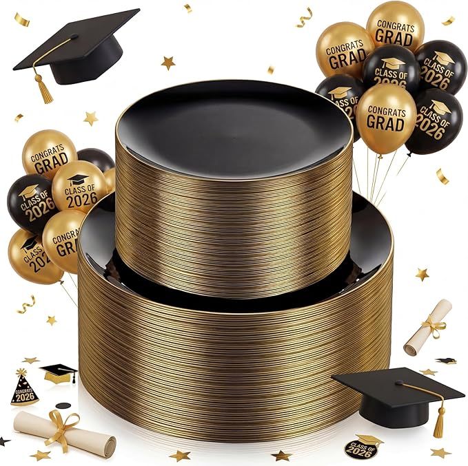 KIRE 100PCS Black and Gold Plates - Black Plastic Plates Disposable with Gold Rim Include 50Pcs 10.25inch Dinner Plate and 50Pcs 7.5inch Dessert/Salad Plate for Party/Wedding/Graduation/Father's Day