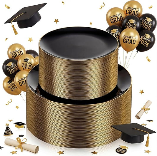 KIRE 100PCS Black and Gold Plates - Black Plastic Plates Disposable with Gold Rim Include 50Pcs 10.25inch Dinner Plate and 50Pcs 7.5inch Dessert/Salad Plate for Party/Wedding/Graduation/Father's Day