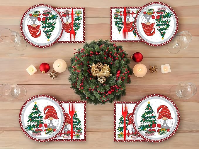 72Pcs Christmas Gnomes Plates and Napkins, Xmas Tree Paper Plates Santa Claus Party Supplies Disposable, Merry Christmas Themed Dessert Tableware Set for Xmas Holiday Winter Party Table Decorations