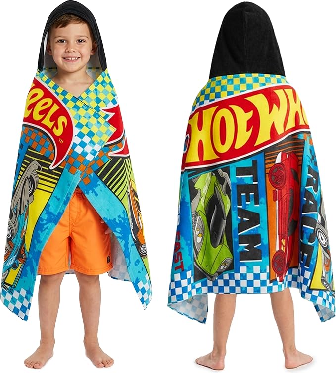 Get Trend Hot Wheels Cars Bath Towels with Hood for Boys, Ages 2-6, One Size Soft and Absorbent Hooded Cotton Beach Towel Wrap, Swimming Pool Poncho, Gifts for Boys (Multi Hot Wheels)