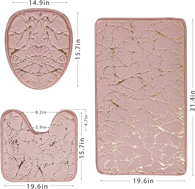 Marble Bathroom Rugs and Mats Set 3 Piece Nonslip Pink Bathroom Mats Soft Washable Bath Mat for Bathroom Floor Mats Carpet Water Absorbent Shower Rug with U-Shaped Contour Rug Toilet Lid Cover