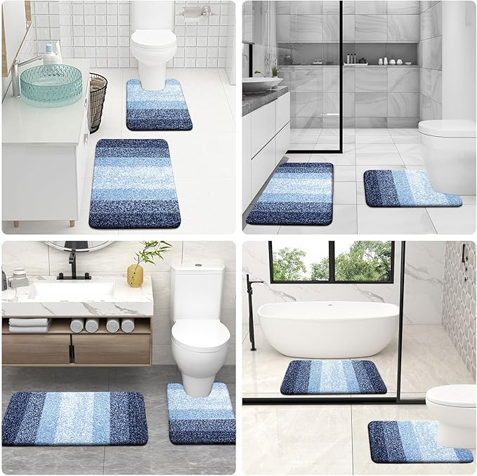 OLANLY Bathroom Rugs Sets 3 Piece, Soft Absorbent Microfiber Bath Mats and U-Shaped Contour Toilet Rug, Plush Shaggy Bath Mat Set for Bathroom (36"x24"+24"x16"+24"x20", Navy)
