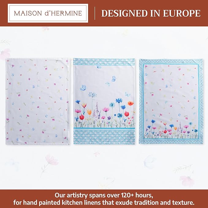 Maison d' Hermine Kitchen Towels Set of 3 100% Cotton 27.50" x 20" Reusable Cloth Tea Dish Towels Absorbent with Hanging Loop for Kitchen Farmhouse Hotel Spring Summer - Flower in The Field