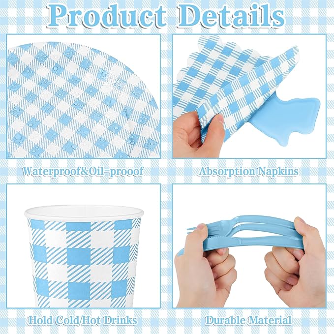NatNarr 175 Pcs Gingham Paper Plates, Boy Baby Shower Decorations Include Blue Gingham Plates and Napkins Cups Disposable Blue Dinnerware for Picnic, Wedding, Birthday