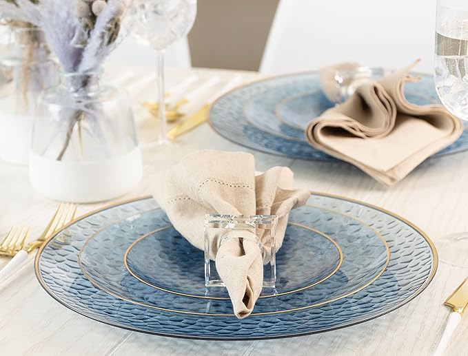 PLASTICPRO 30 Pack Hammered Plastic Plates Heavyweight Disposable Plastic Plates Elegant Clear Hammered Rim Platsic Party Dishes (Blue With Gold Rim, 7'' INCH PLATES)