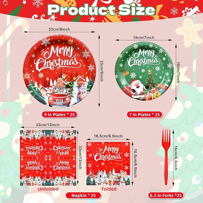 100 Pieces Christmas Party Tableware Set – Merry Christmas Disposable Plates, Napkins and Forks, Santa Snowman Red Green Dinnerware for Xmas Holiday Birthday and Winter Party Supplies