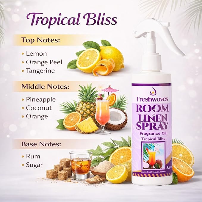 Freshwaves Room & Linen Spray | Tropical Bliss Fragrance Oil | 8.8oz Air Freshener | Odor Eliminator for Living Room, Bedroom, Bathroom & Office